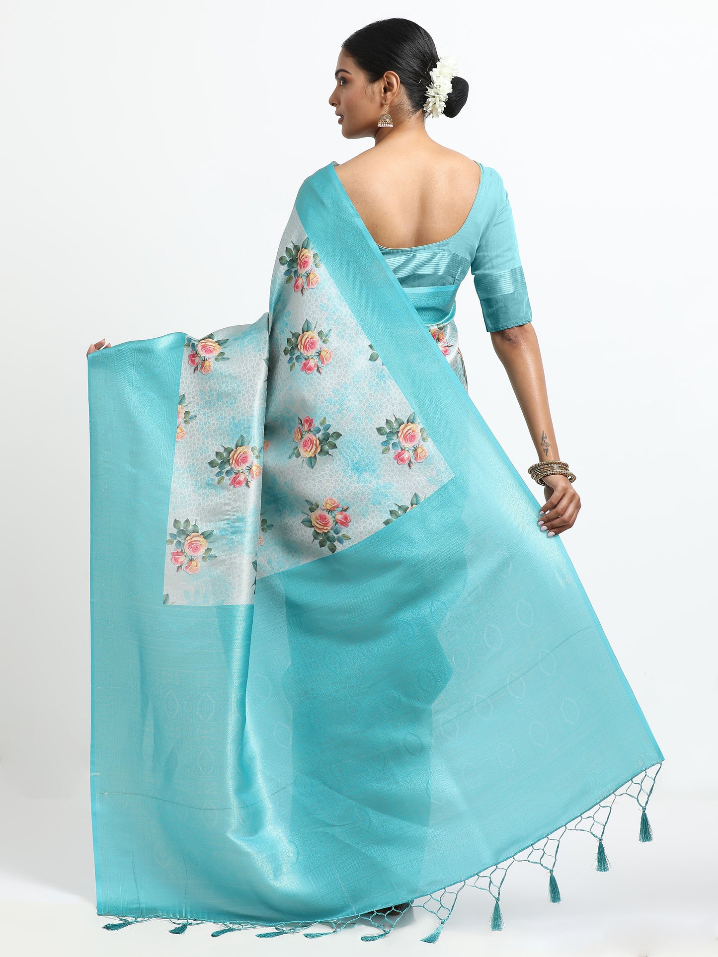 Alice Blue silk saree with matching unstitched blouse