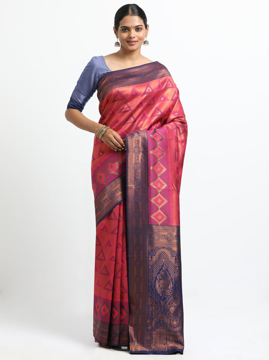 Coral Pink silk saree with matching unstitched blouse